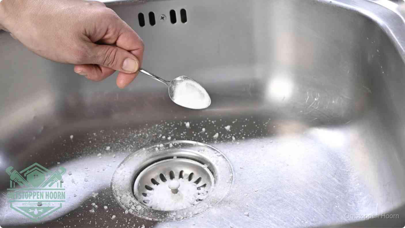 Een hand strooit met een lepel soda in de afvoer van een roestvrijstalen spoelbak, de soda en azijn huismiddel-methode om de afvoer te ontstoppen in Hoorn