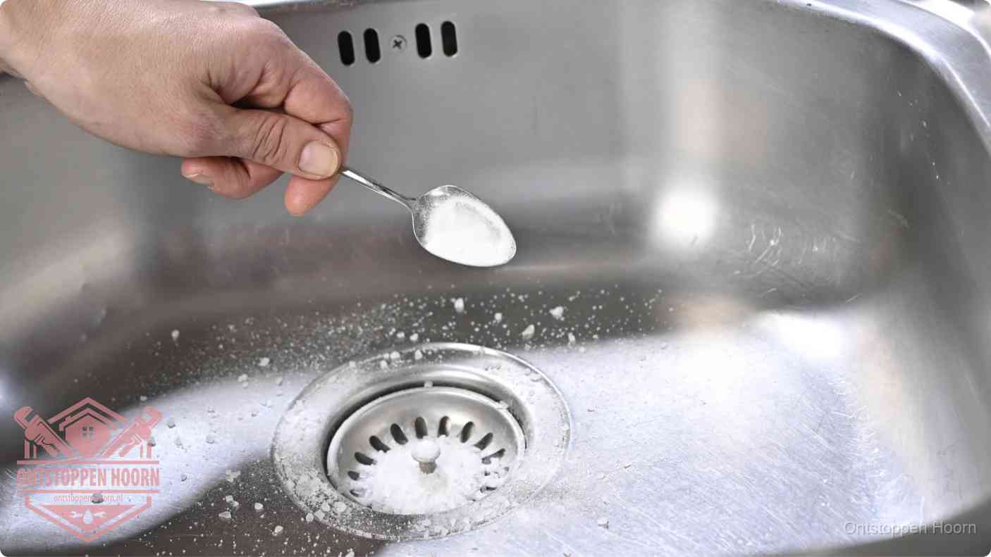 Een hand strooit met een lepel soda in het afvoerputje van een rvs spoelbak, de soda en azijn huismiddel-methode in Hoorn