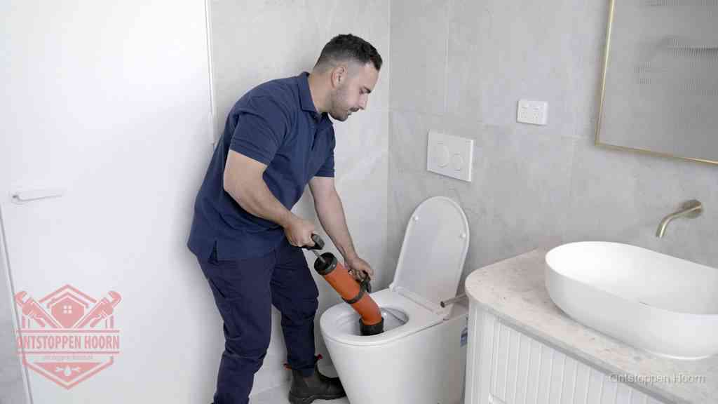Een monteur gebruikt een handmatige perspomp (toiletontstopper) op een wandcloset tijdens het professioneel wc ontstoppen in Hoorn